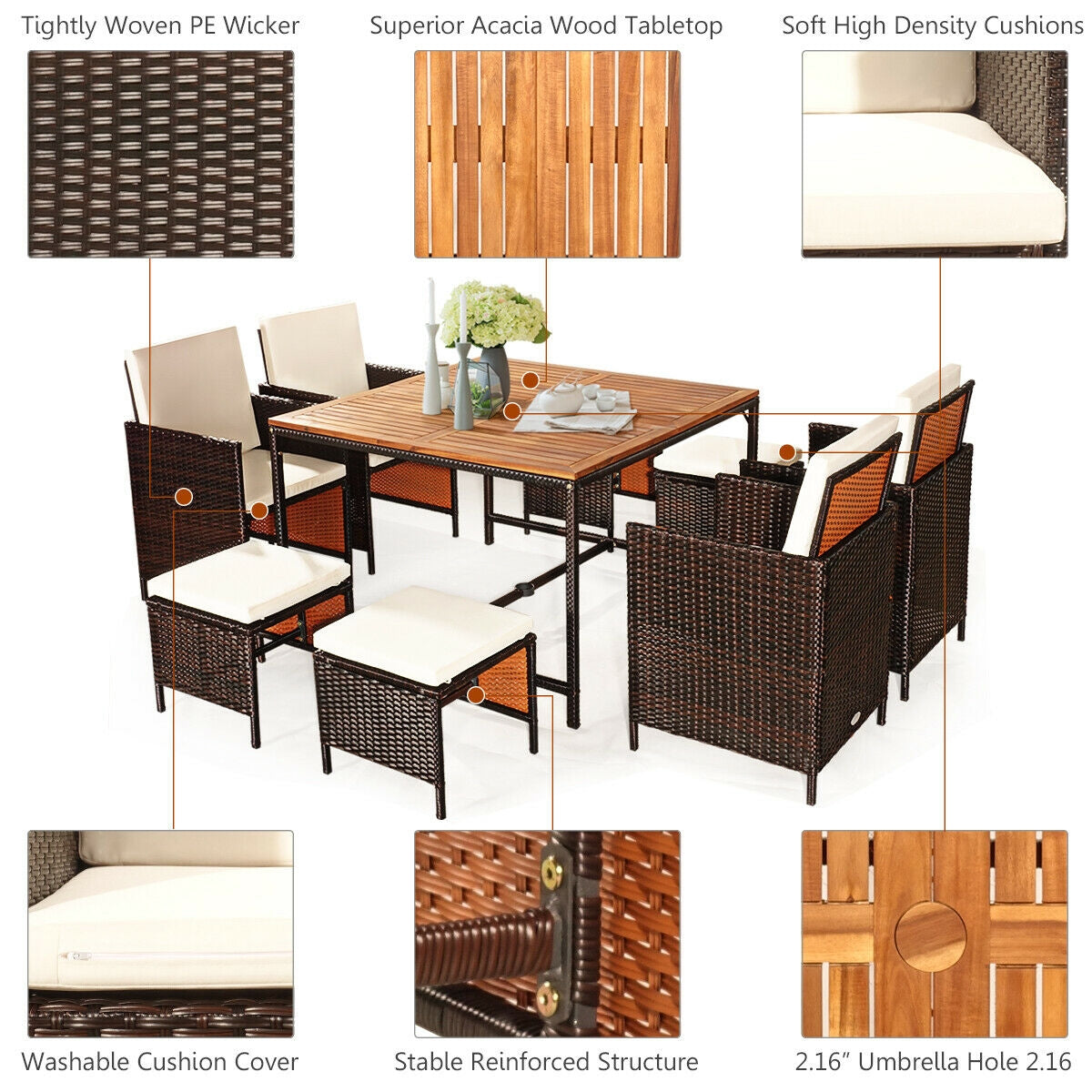 9PCS Patio Rattan Dining Cushioned Chairs Set