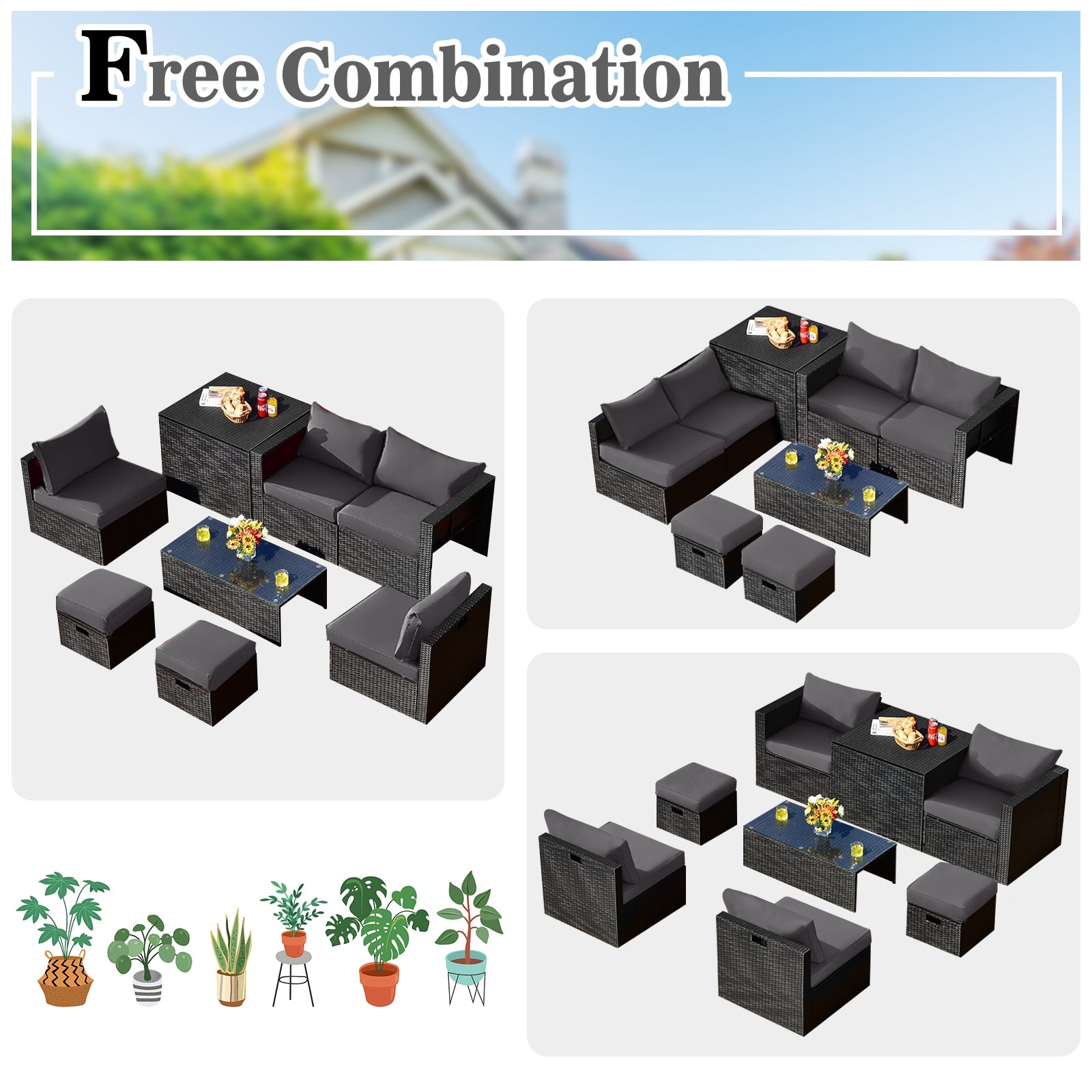 8 Pieces Patio Rattan Storage Table Furniture Set
