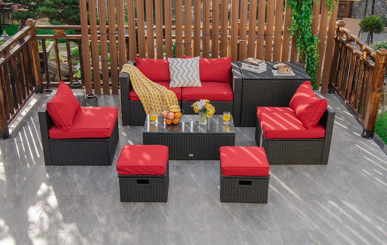 8 Pieces Patio Rattan Storage Table Furniture Set