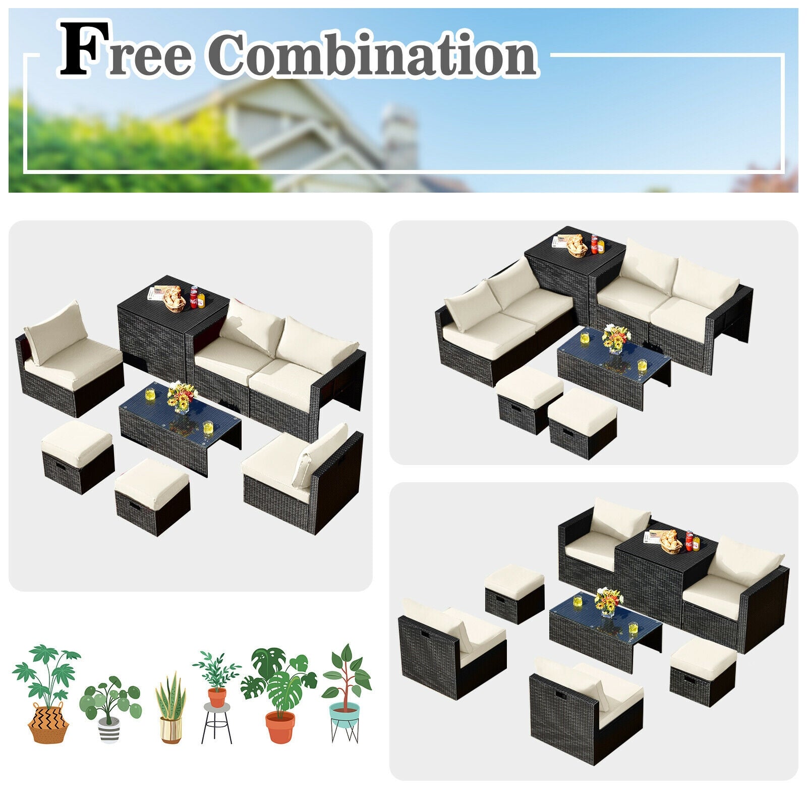 8 Pieces Patio Rattan Storage Table Furniture Set