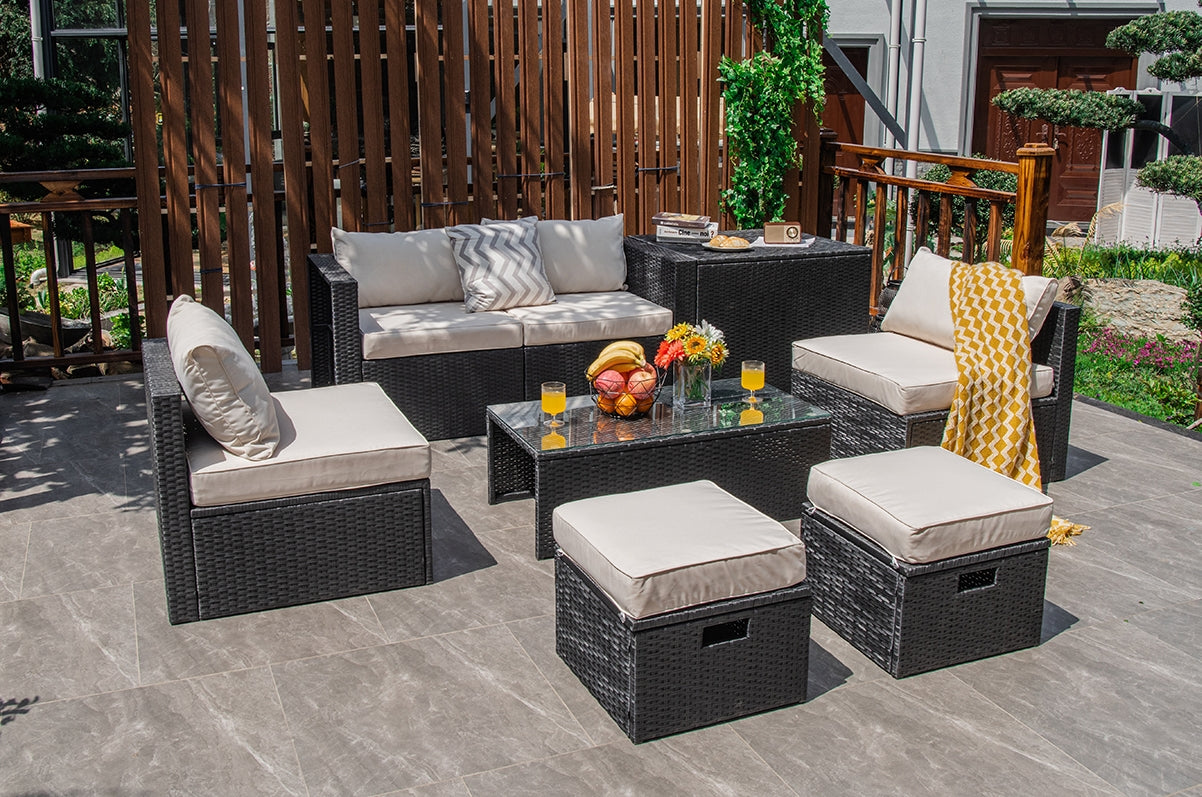 8 Pieces Patio Rattan Storage Table Furniture Set