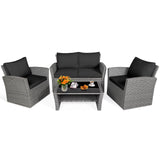 4 Pieces Patio Rattan Furniture Set Sofa Table with Storage Shelf Cushion