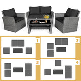 4 Pieces Patio Rattan Furniture Set Sofa Table with Storage Shelf Cushion