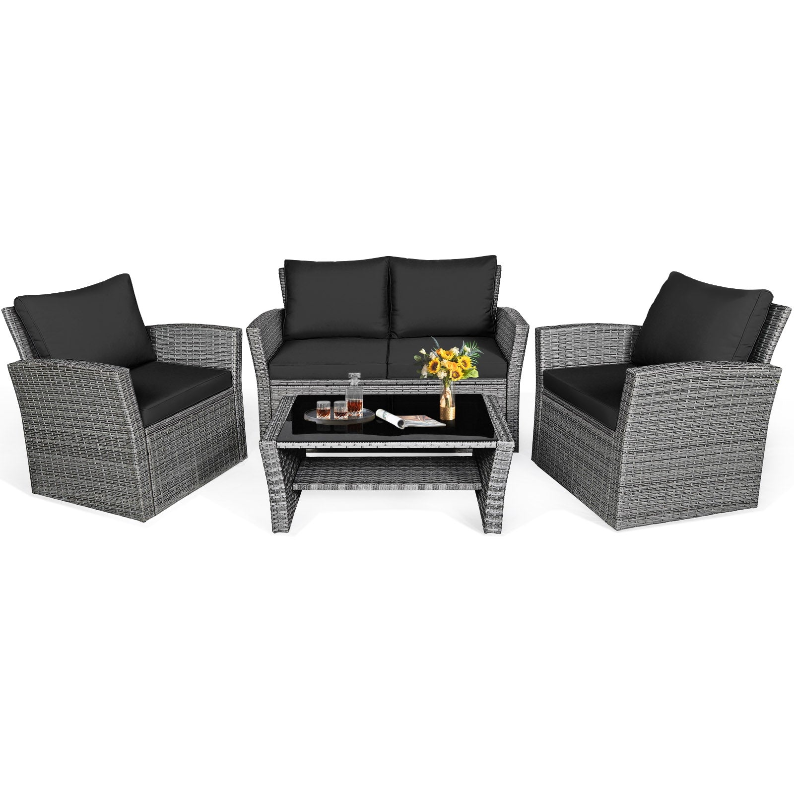 4 Pieces Patio Rattan Furniture Set Sofa Table with Storage Shelf Cushion