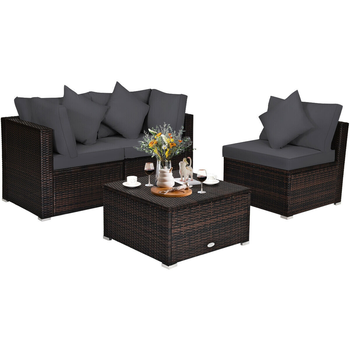4 Pieces Ottoman Garden Patio Rattan Wicker Furniture Set with Cushion