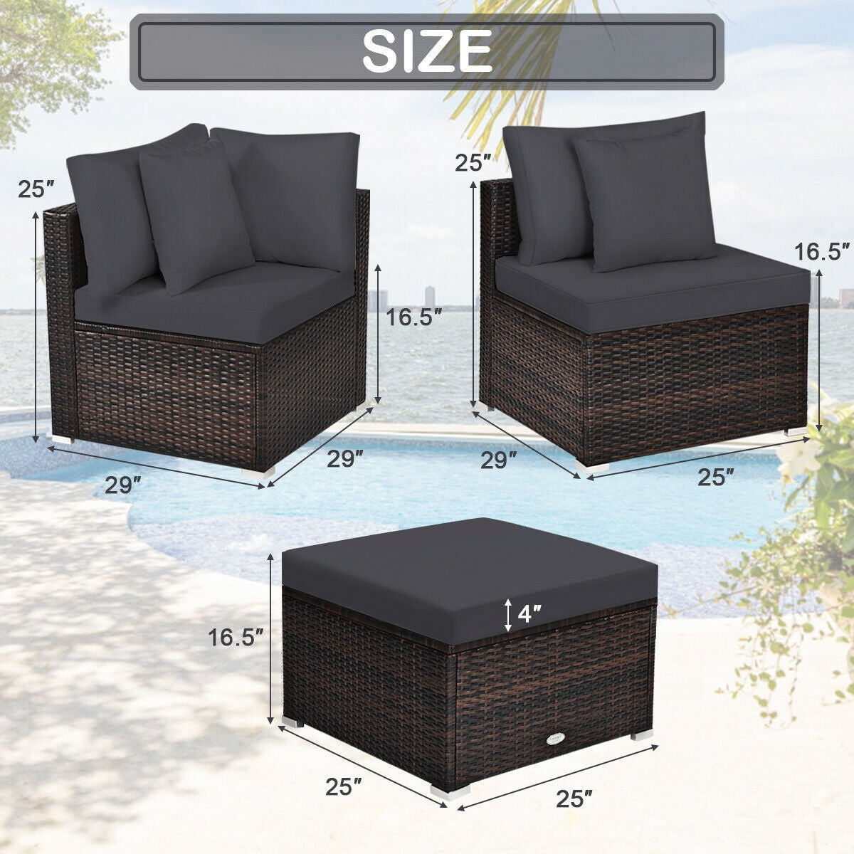 4 Pieces Ottoman Garden Patio Rattan Wicker Furniture Set with Cushion