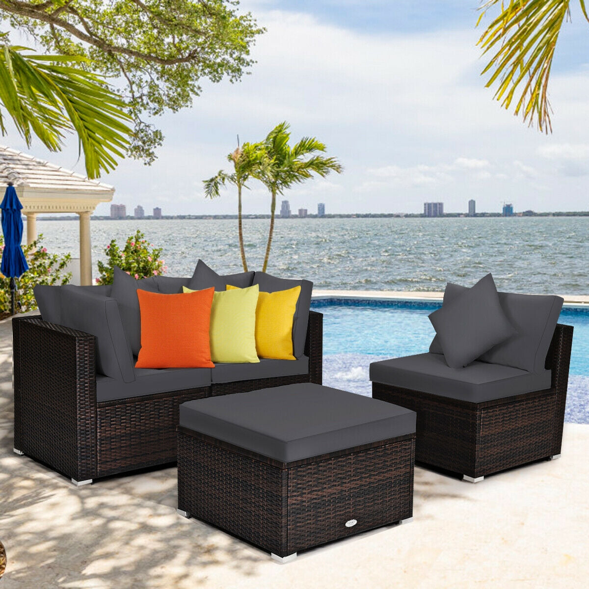 4 Pieces Ottoman Garden Patio Rattan Wicker Furniture Set with Cushion