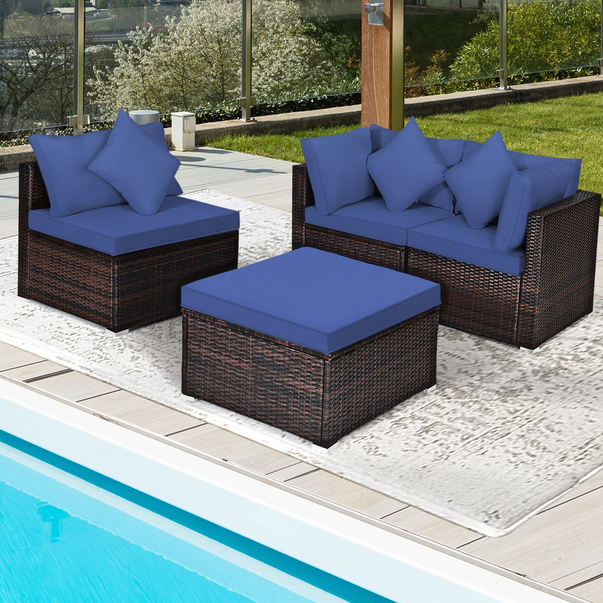 4 Pieces Ottoman Garden Patio Rattan Wicker Furniture Set with Cushion