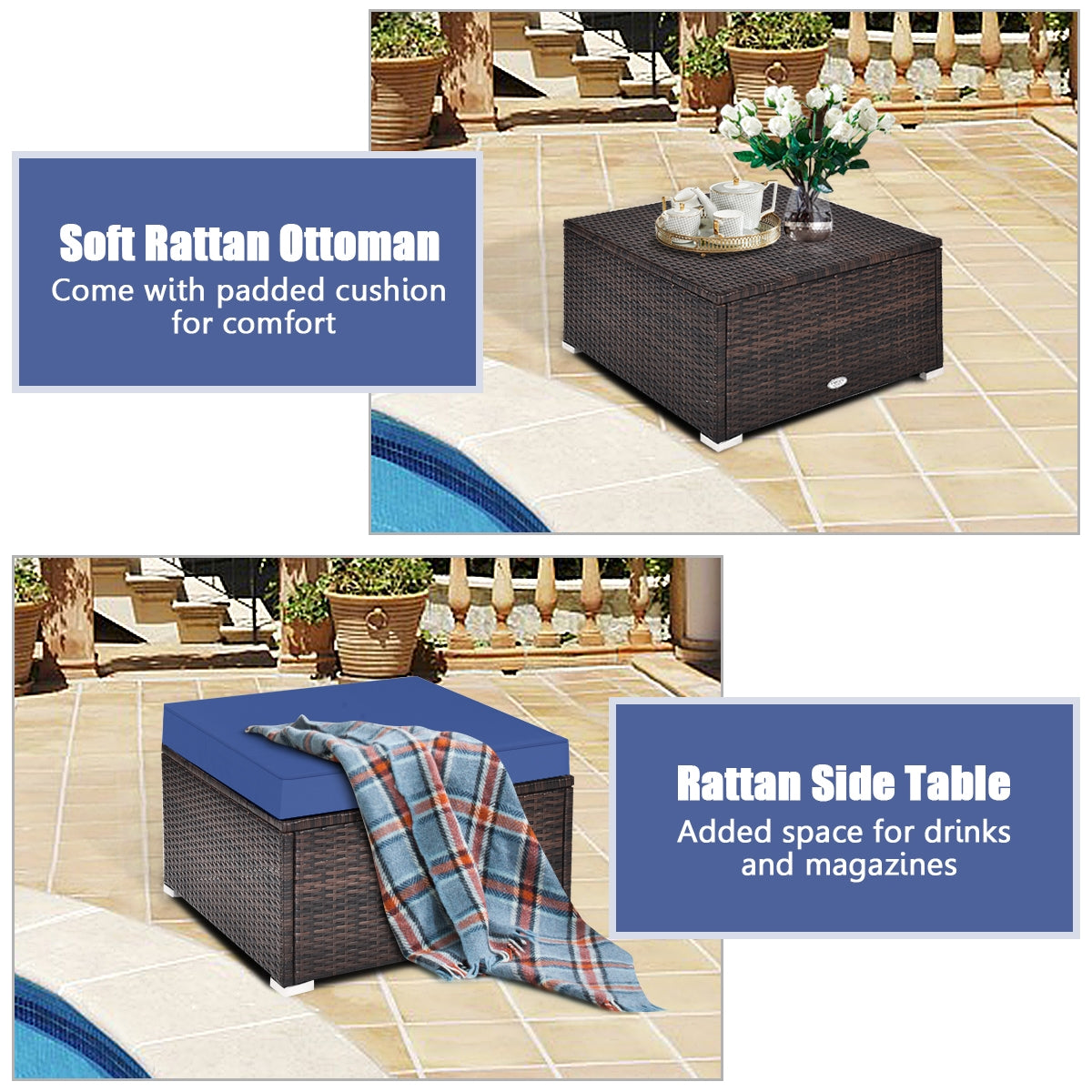 4 Pieces Ottoman Garden Patio Rattan Wicker Furniture Set with Cushion