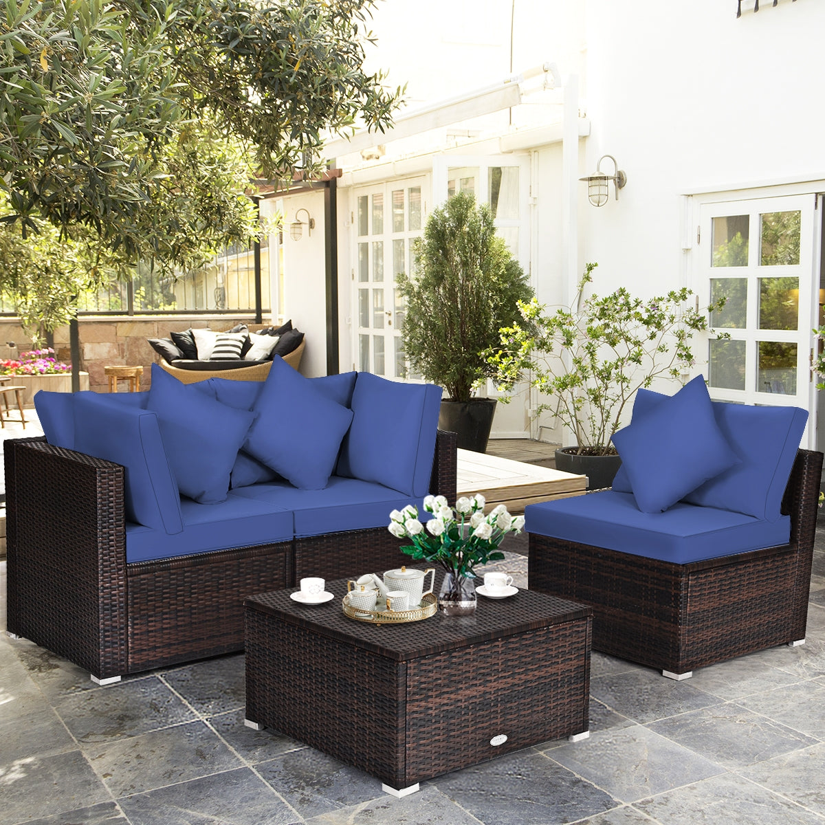 4 Pieces Ottoman Garden Patio Rattan Wicker Furniture Set with Cushion