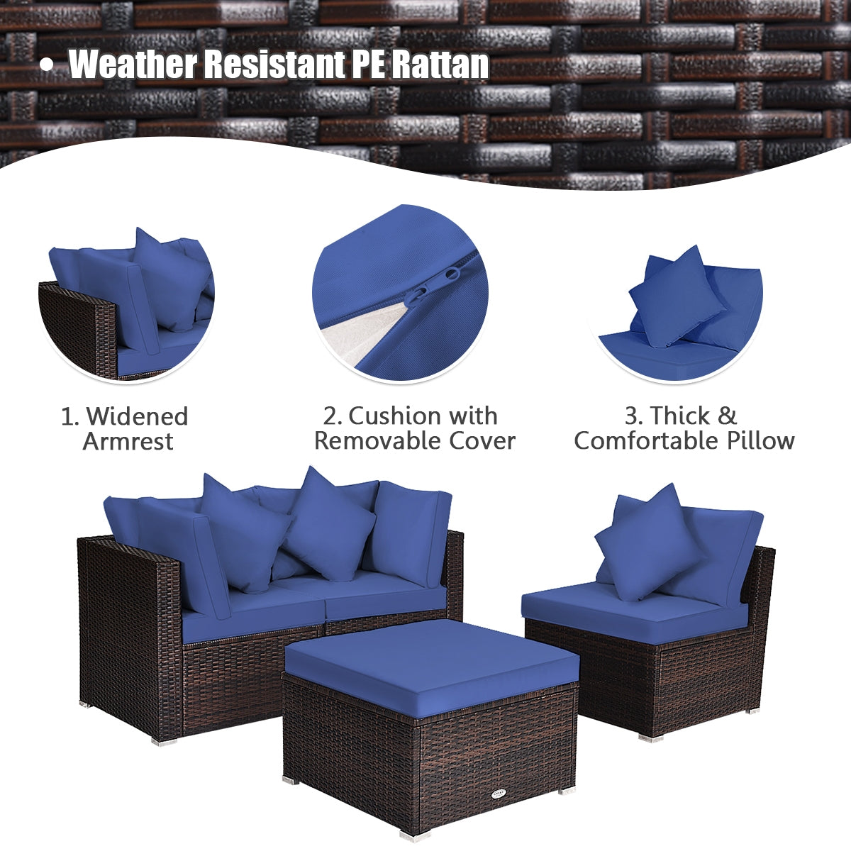 4 Pieces Ottoman Garden Patio Rattan Wicker Furniture Set with Cushion