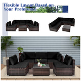 6 Pieces Patio Rattan Furniture Set with Cushions and Glass Coffee Table