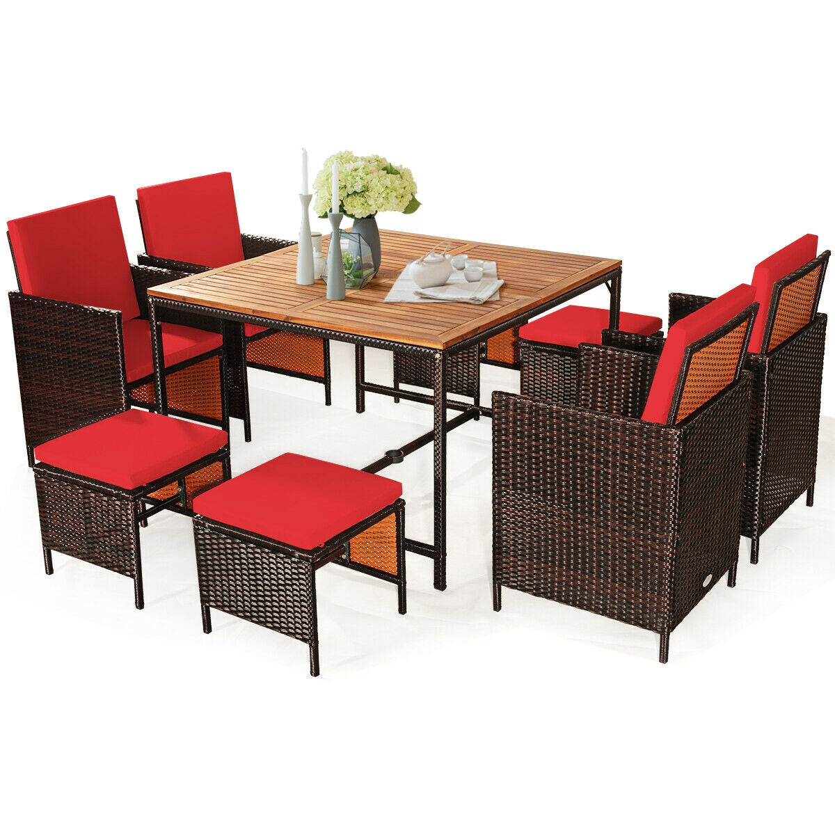 9PCS Patio Rattan Dining Cushioned Chairs Set