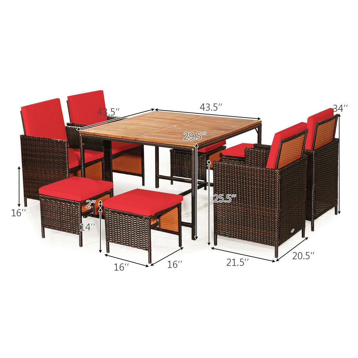 9PCS Patio Rattan Dining Cushioned Chairs Set