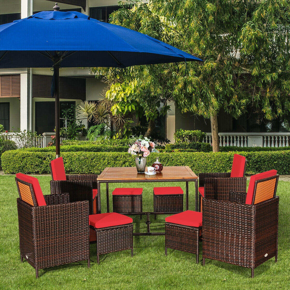 9PCS Patio Rattan Dining Cushioned Chairs Set