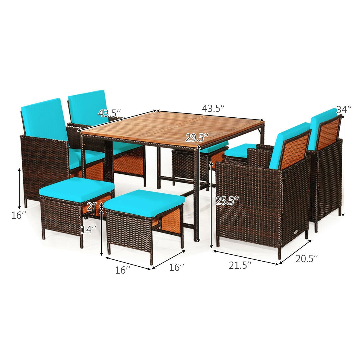 9PCS Patio Rattan Dining Cushioned Chairs Set