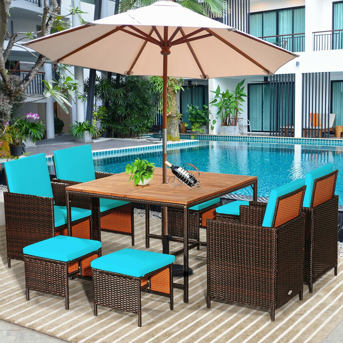 9PCS Patio Rattan Dining Cushioned Chairs Set