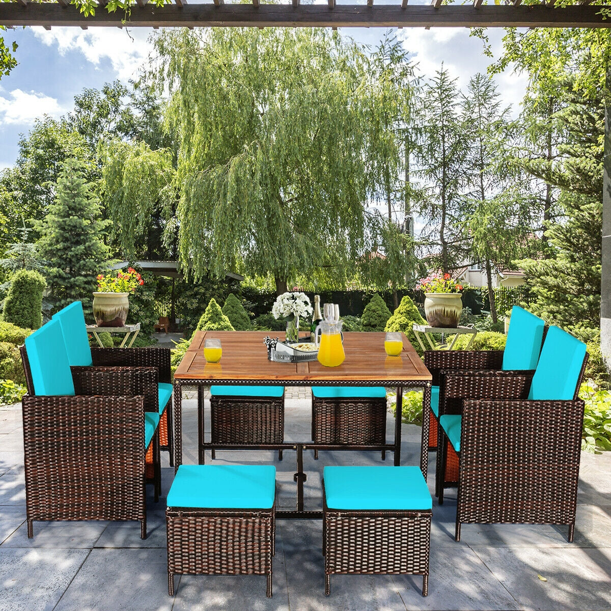 9PCS Patio Rattan Dining Cushioned Chairs Set