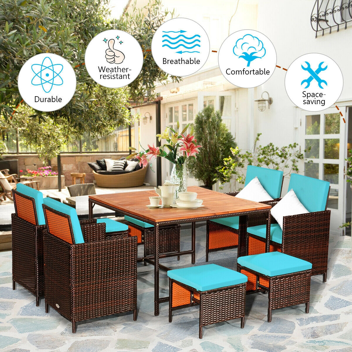 9PCS Patio Rattan Dining Cushioned Chairs Set