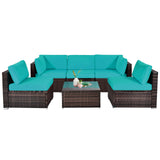 6 Pieces Patio Rattan Furniture Set with Cushions and Glass Coffee Table