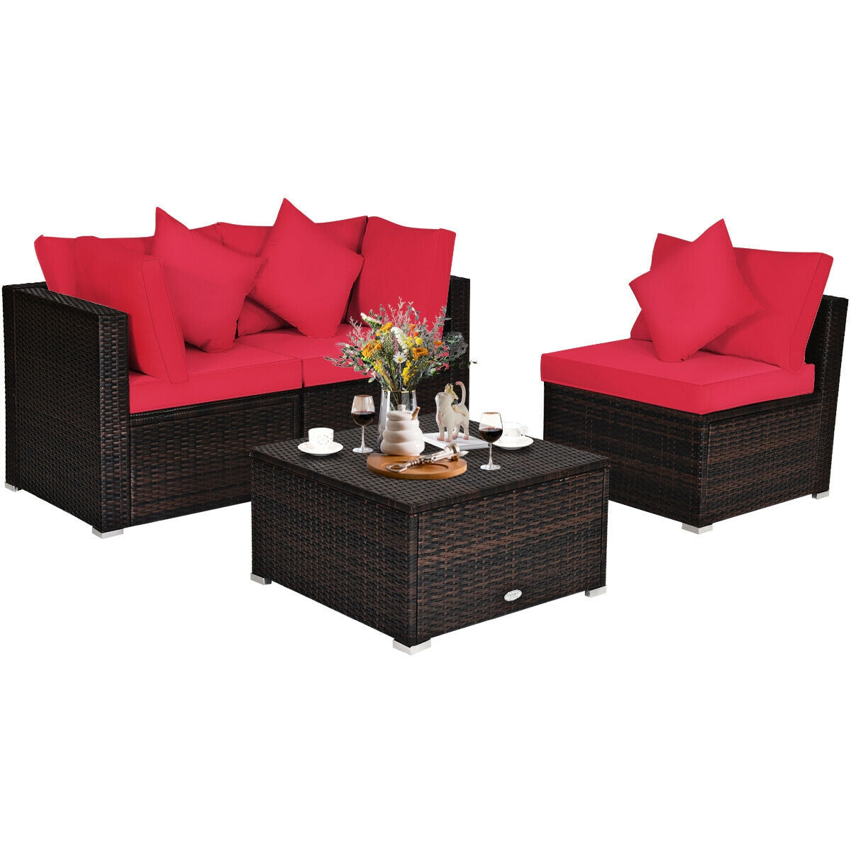4 Pieces Ottoman Garden Patio Rattan Wicker Furniture Set with Cushion