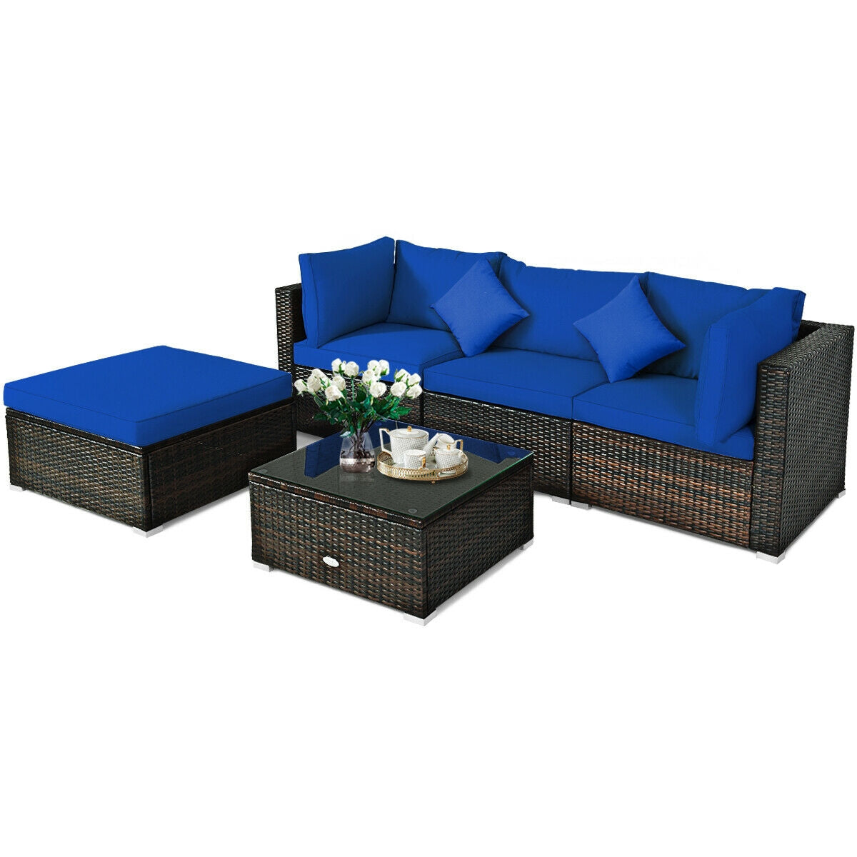 5 Pcs Outdoor Patio Rattan Furniture Set Sectional Conversation with Cushions