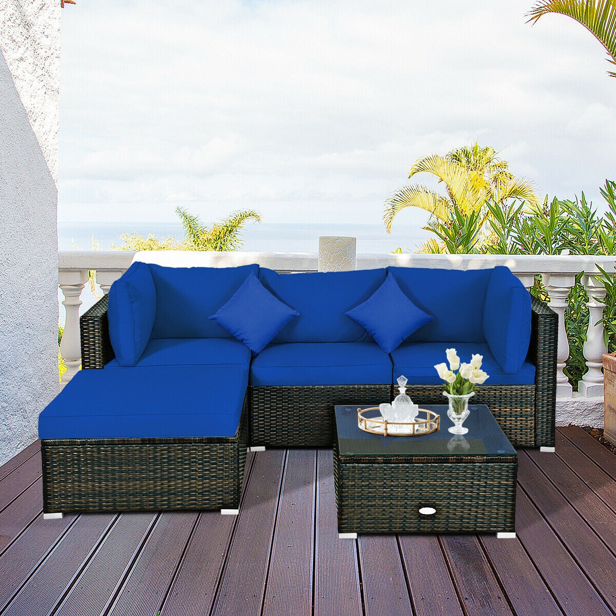 5 Pcs Outdoor Patio Rattan Furniture Set Sectional Conversation with Cushions