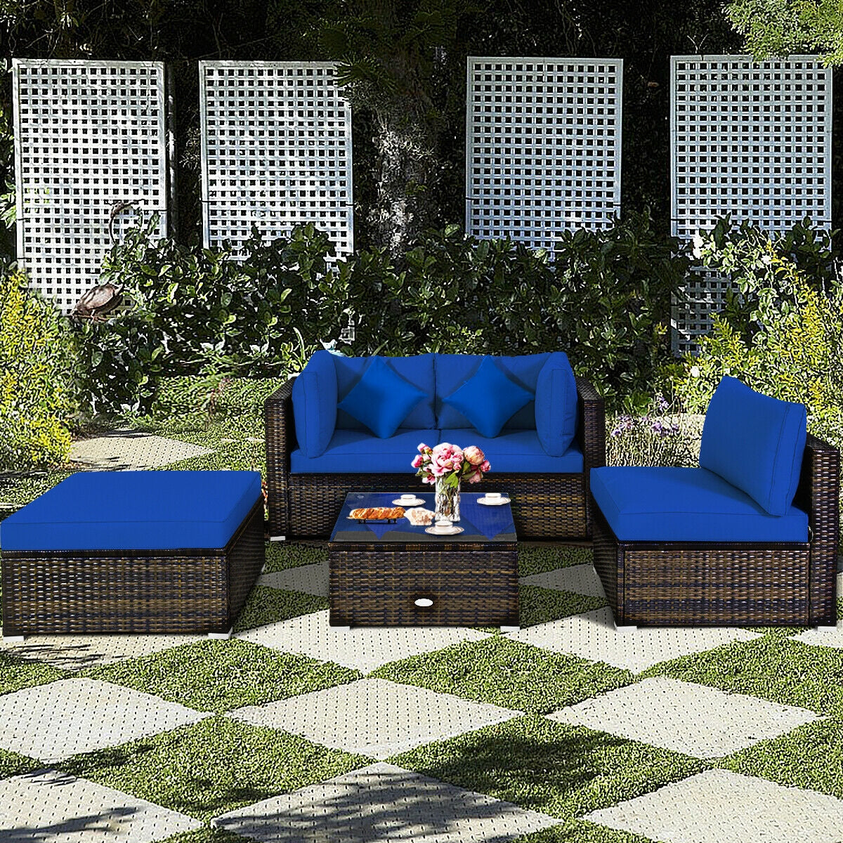 5 Pcs Outdoor Patio Rattan Furniture Set Sectional Conversation with Cushions
