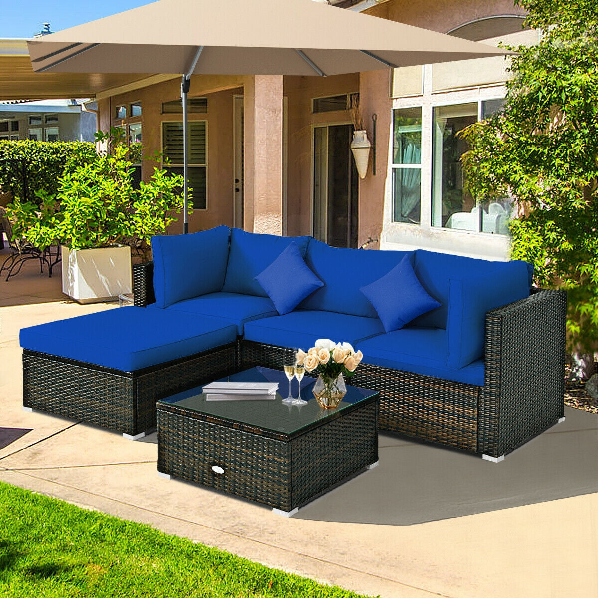 5 Pcs Outdoor Patio Rattan Furniture Set Sectional Conversation with Cushions