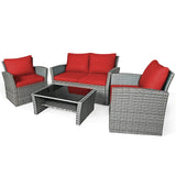 4 Pieces Patio Rattan Furniture Set Sofa Table with Storage Shelf Cushion