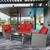 4 Pieces Patio Rattan Furniture Set Sofa Table with Storage Shelf Cushion