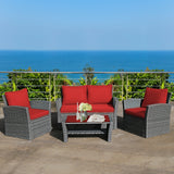 4 Pieces Patio Rattan Furniture Set Sofa Table with Storage Shelf Cushion