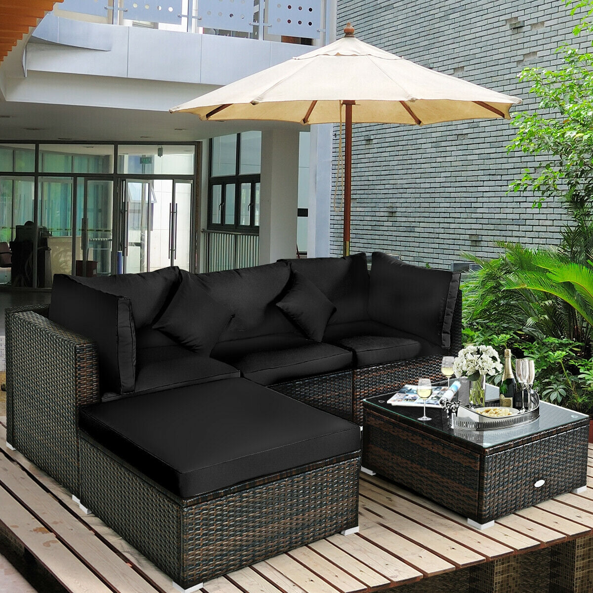 5 Pcs Outdoor Patio Rattan Furniture Set Sectional Conversation with Cushions