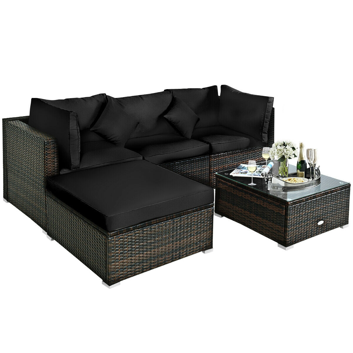 5 Pcs Outdoor Patio Rattan Furniture Set Sectional Conversation with Cushions