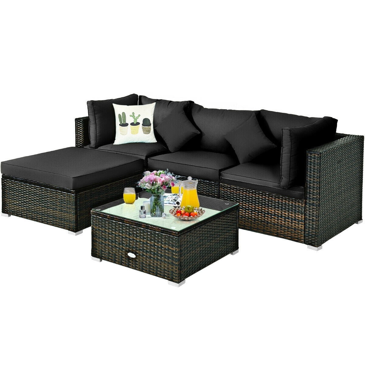 5 Pcs Outdoor Patio Rattan Furniture Set Sectional Conversation with Cushions
