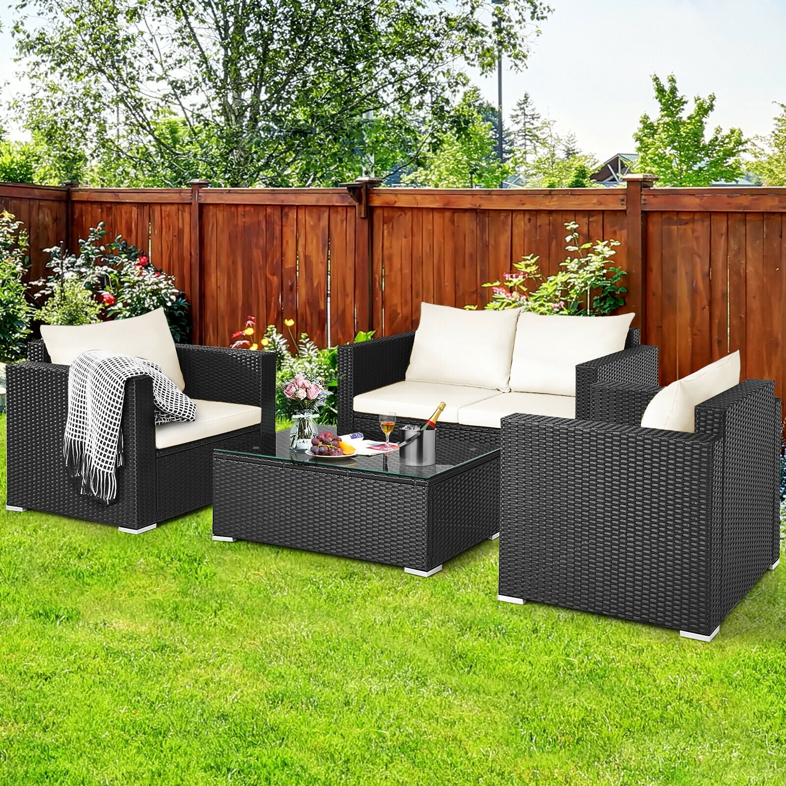 4 Pieces Patio Rattan Cushioned Furniture Set