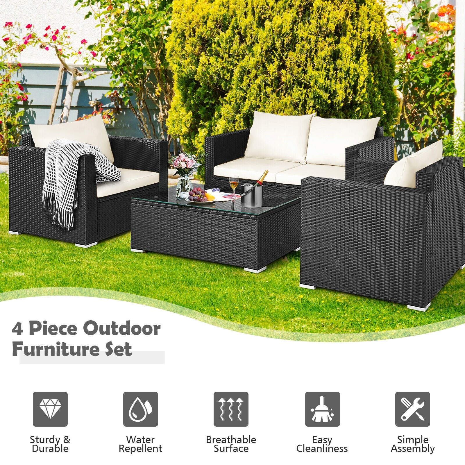 4 Pieces Patio Rattan Cushioned Furniture Set