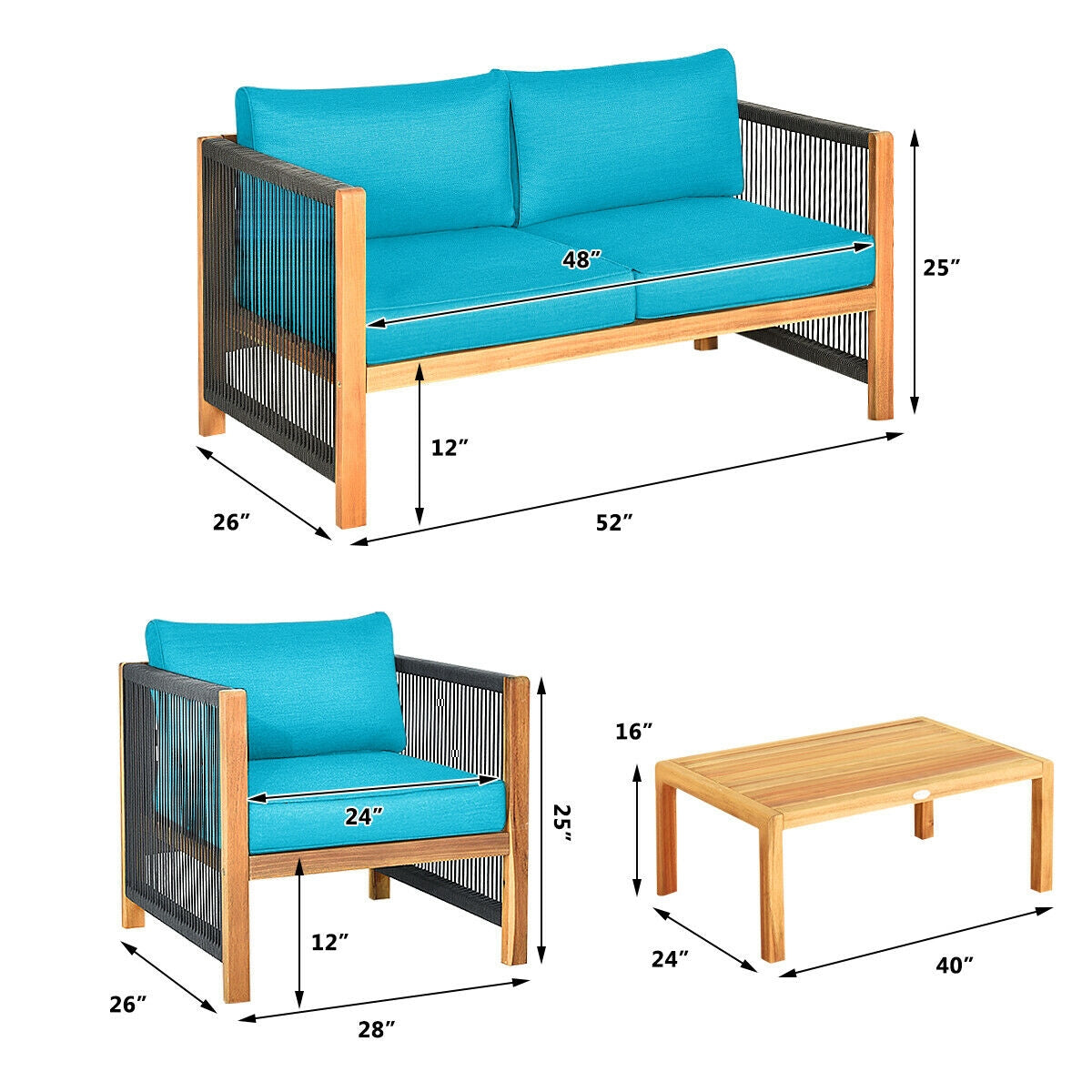 4 Pieces Acacia Wood Outdoor Patio Furniture Set