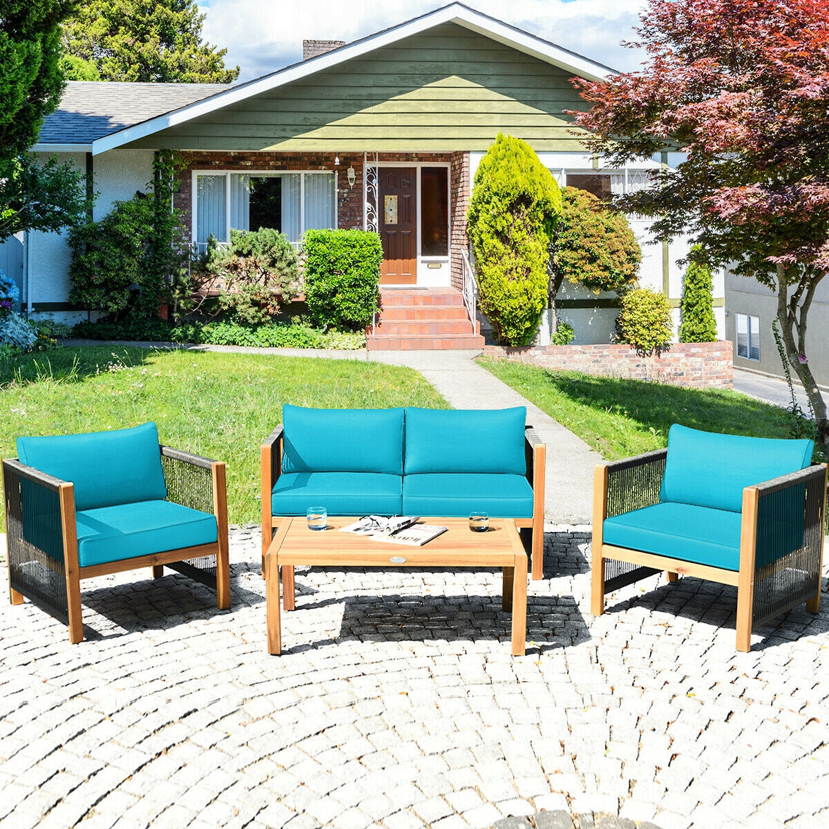 4 Pieces Acacia Wood Outdoor Patio Furniture Set