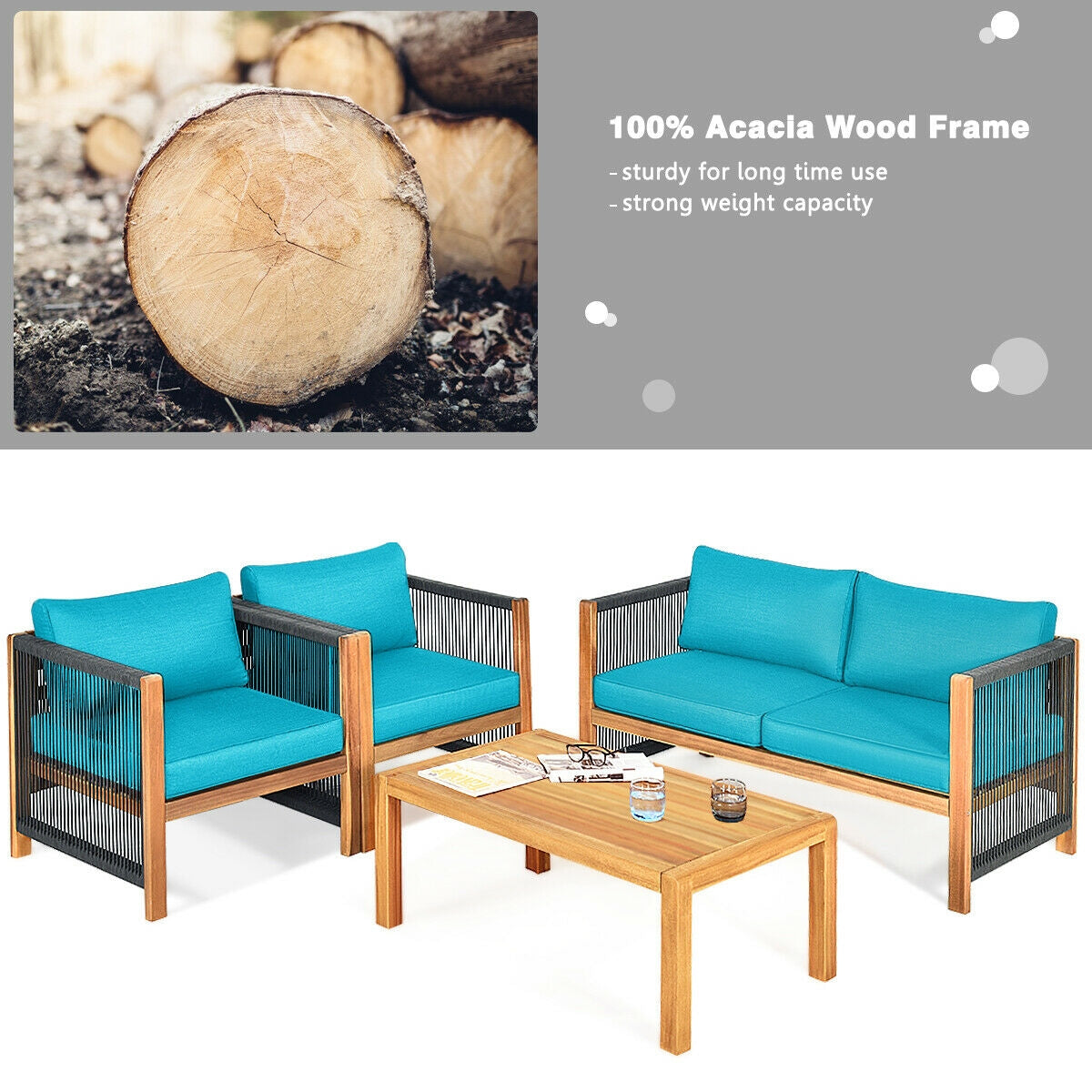 4 Pieces Acacia Wood Outdoor Patio Furniture Set