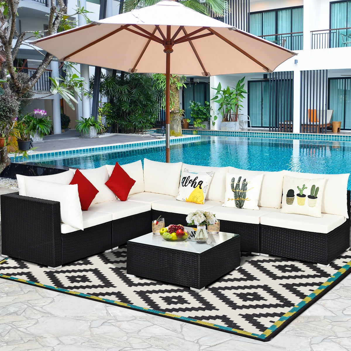 7-Piece Outdoor Sectional Wicker Patio Sofa Set with Tempered Glass Top