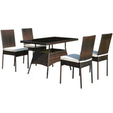5 Pieces Rattan Dining Set with Glass Table and High Back Chair