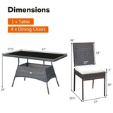 5 Pieces Rattan Dining Set with Glass Table and High Back Chair