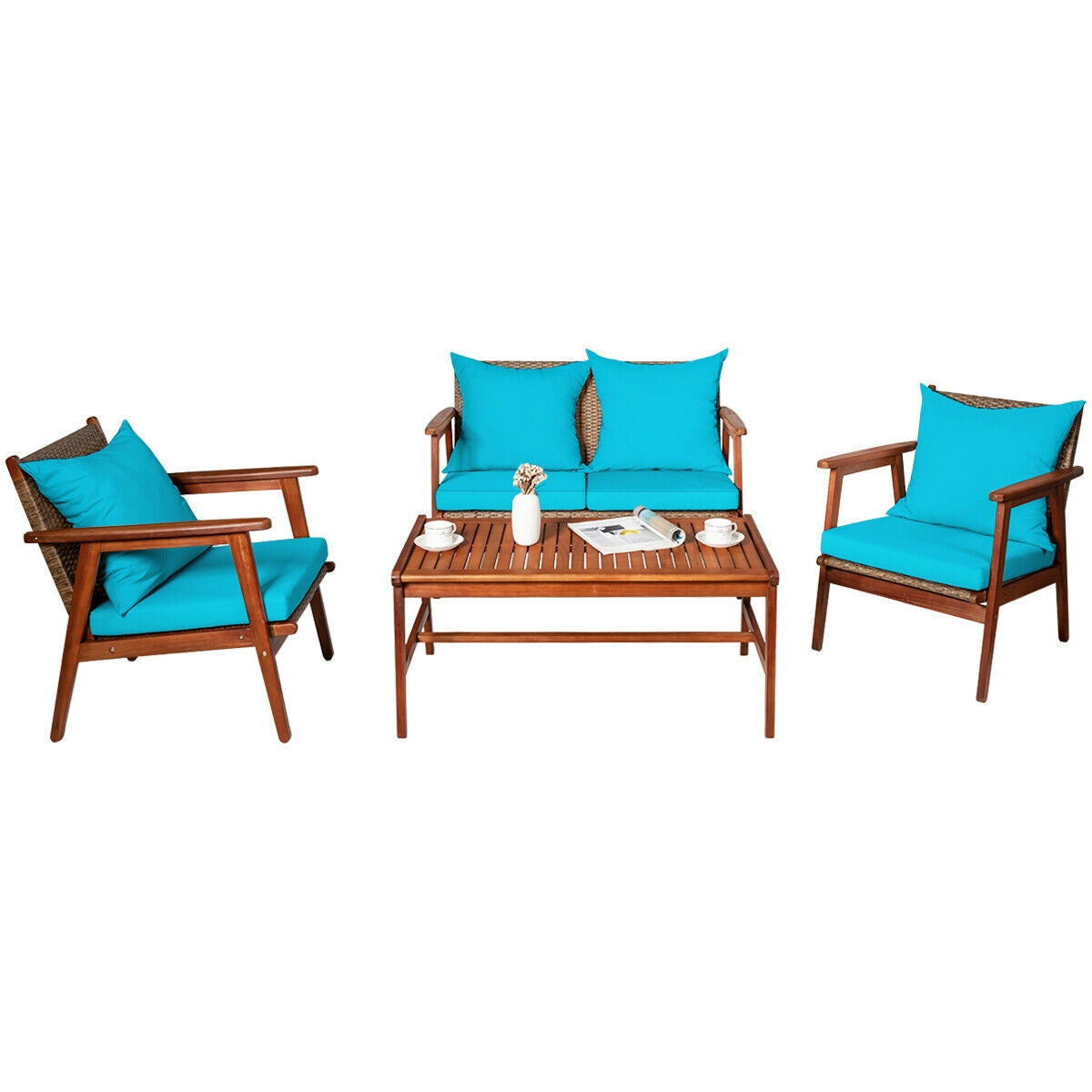 4 Piece  Acacia Wood Patio Rattan Furniture Set