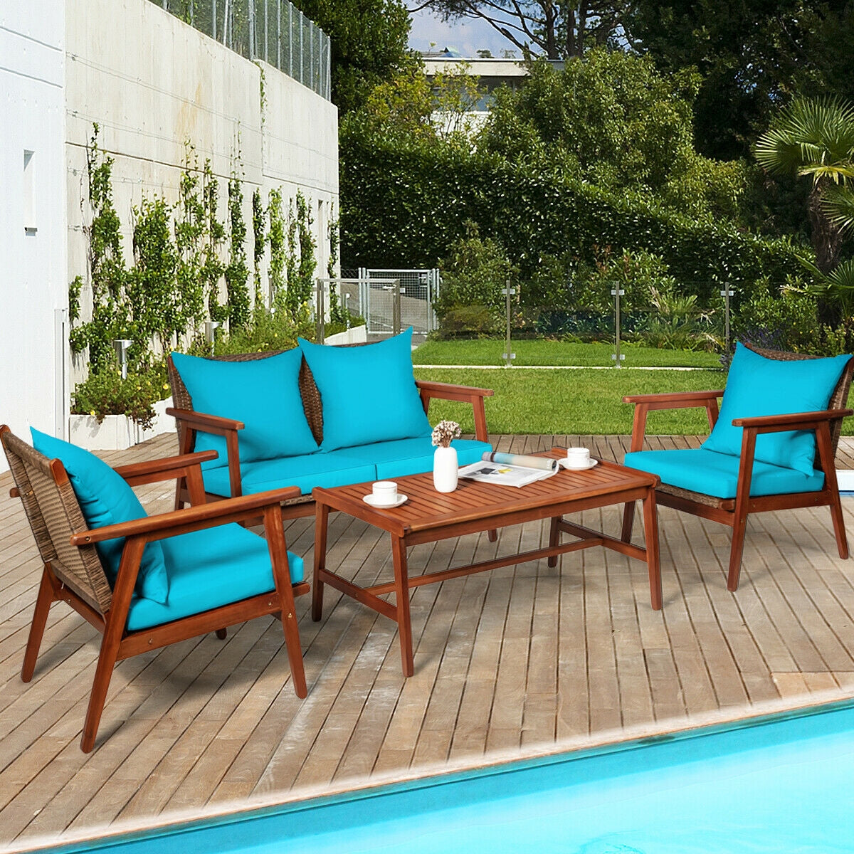 4 Piece  Acacia Wood Patio Rattan Furniture Set