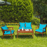 4 Piece  Acacia Wood Patio Rattan Furniture Set