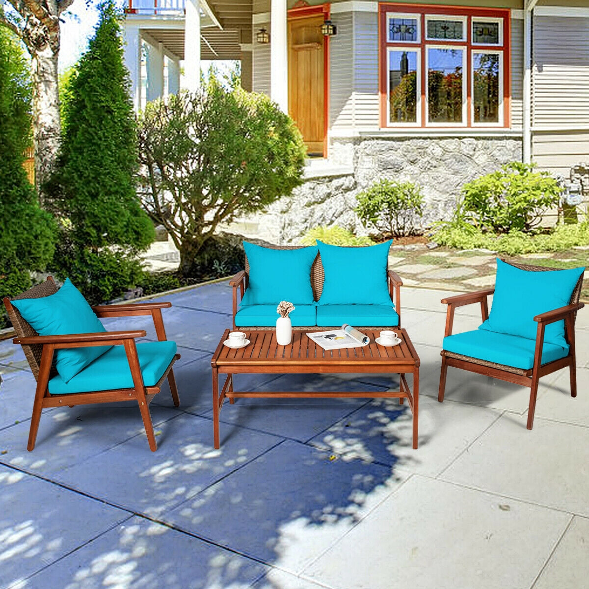4 Piece  Acacia Wood Patio Rattan Furniture Set