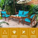4 Piece  Acacia Wood Patio Rattan Furniture Set