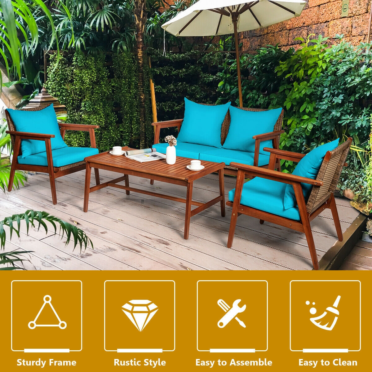 4 Piece  Acacia Wood Patio Rattan Furniture Set
