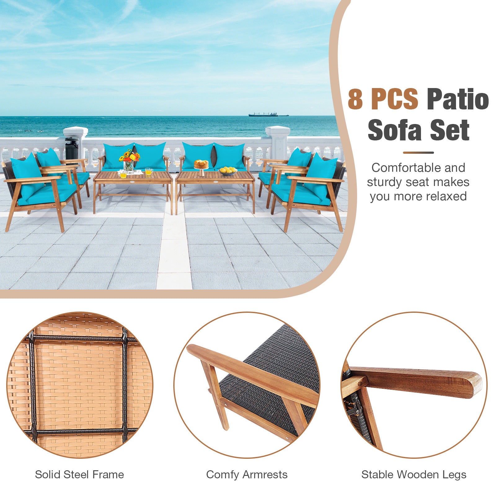 4 Piece  Acacia Wood Patio Rattan Furniture Set